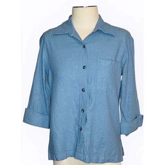 Coldwater Creek blue linen ¾ sleeve button front blouse size S - Picture 1 of 11